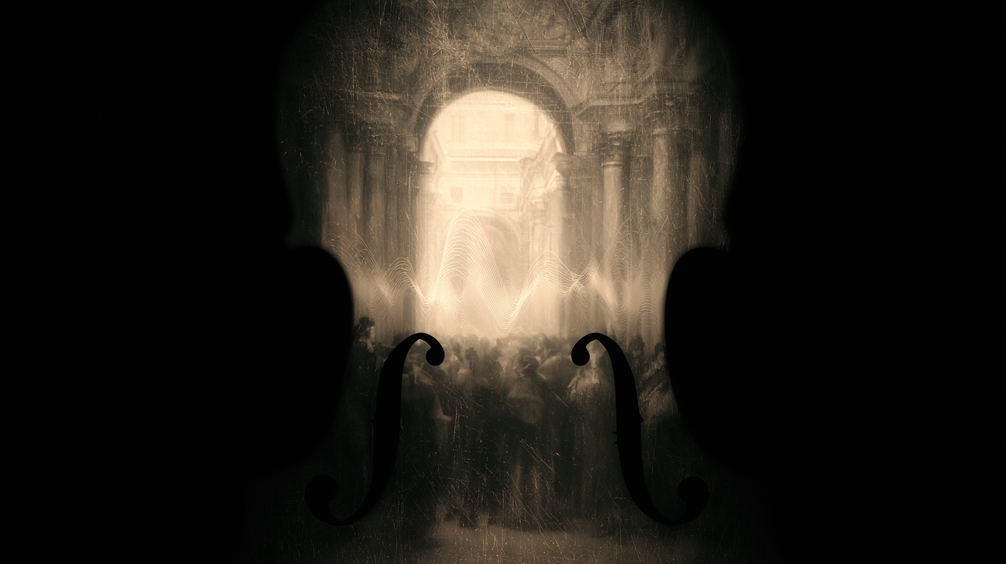 A pair of violin f-holes emerging from darkness